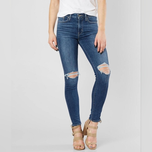 Levi's Blue Wash 721 High Rise Distressed Ripped Skinny Denim Jeans Size 26 30L - Picture 1 of 11
